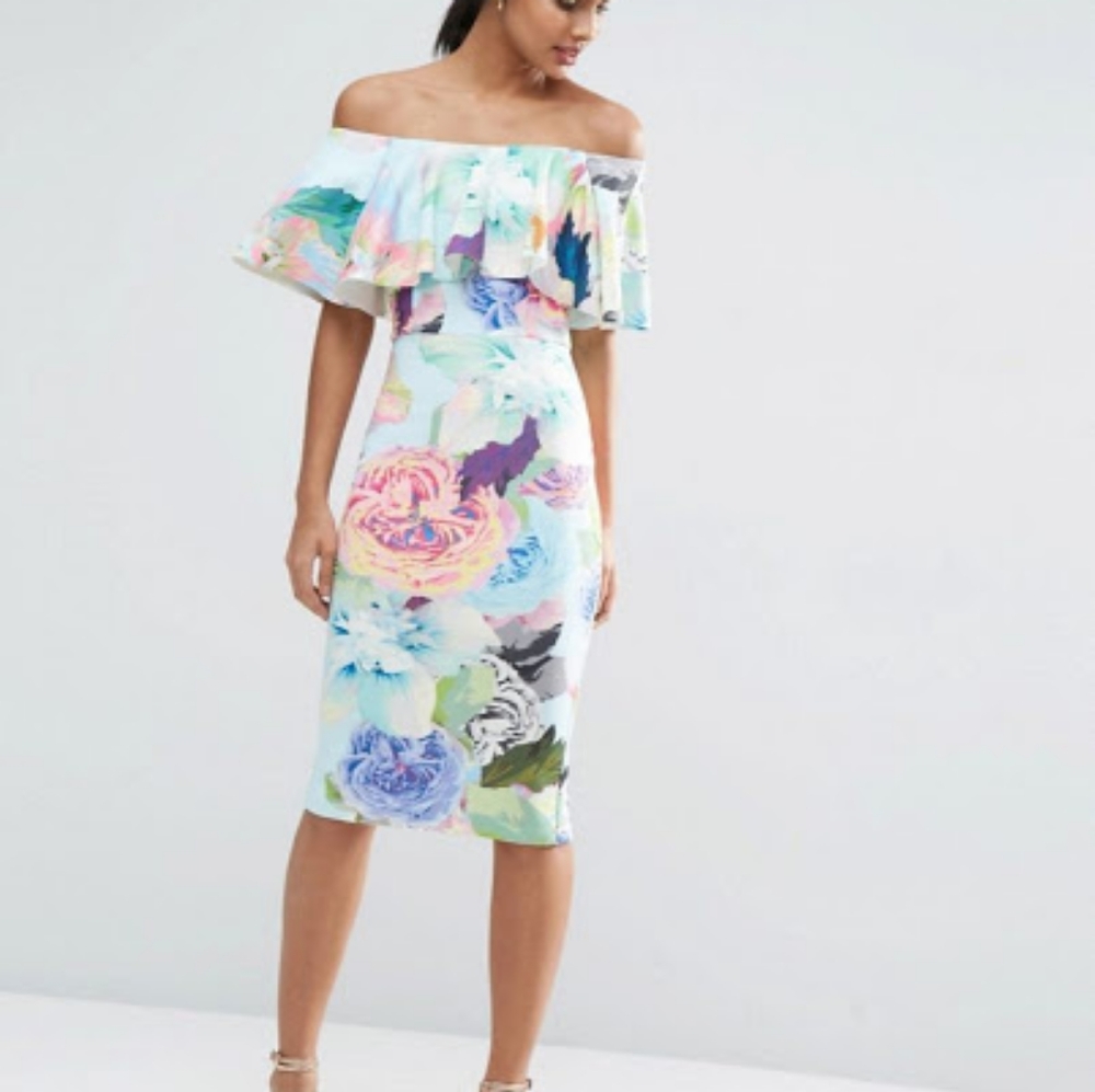 ASOS Floral Ruffle Bardot Off Shoulder Midi Dress